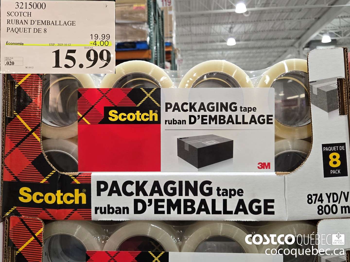 3215000 SCOTCH RUBAN D'EMBALLAGE 48MMx100M PAQUET DE 8  ($4.00 INSTANT SAVINGS EXPIRES ON 2025-10-12) $15.99