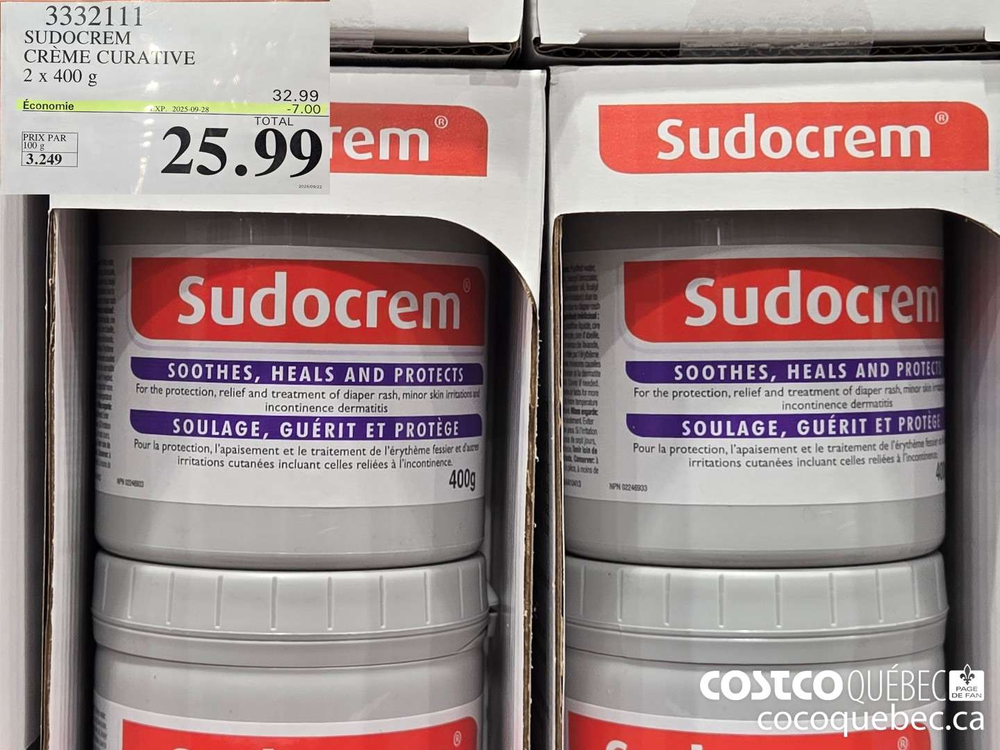 3332111 SUDOCREM CREME CURA LIVE 2x 400 g  ($7.00 INSTANT SAVINGS EXPIRES ON 2025-09-28) $25.99