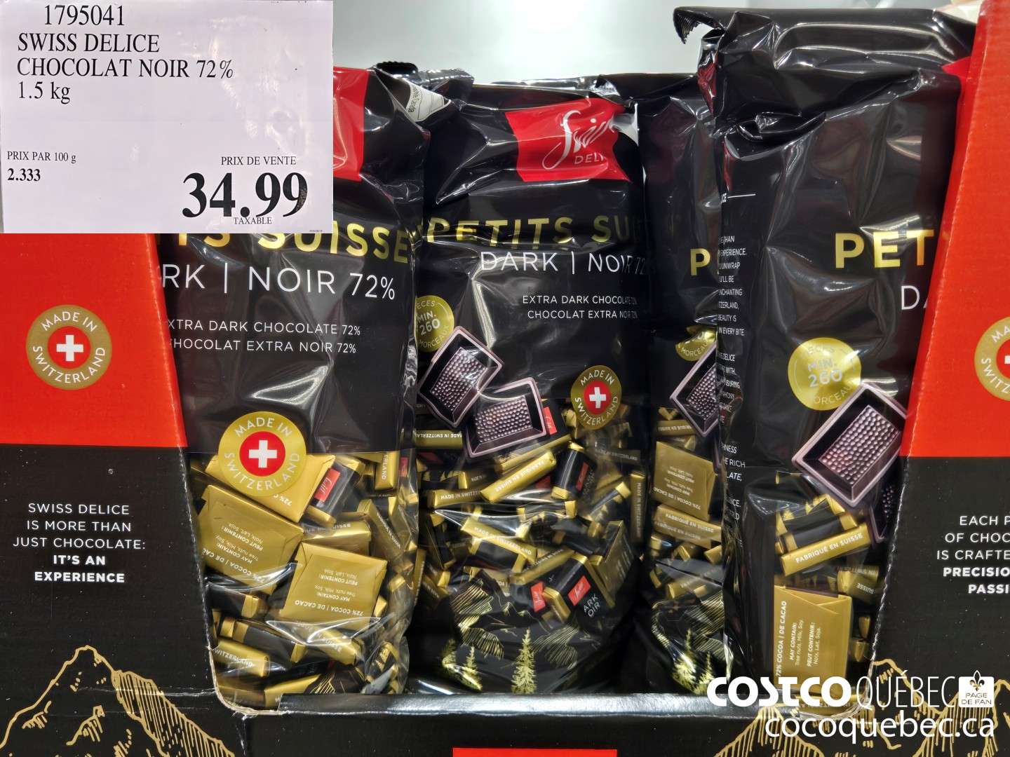 1795041 SWISS DELICE CHOCOLAT NOIR 72% 1.5 KG  $34.99