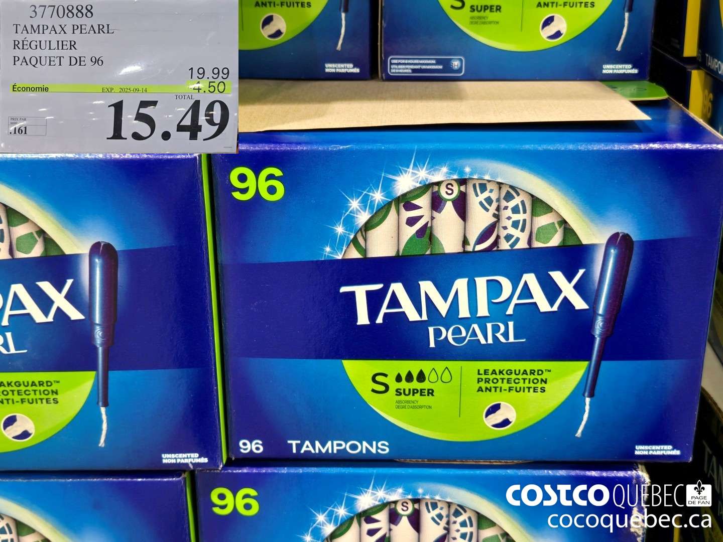3770888 TAMPAX PEARL REGULIER PAQUET DE 96  ($4.50 INSTANT SAVINGS EXPIRES ON 2025-09-14) $15.49