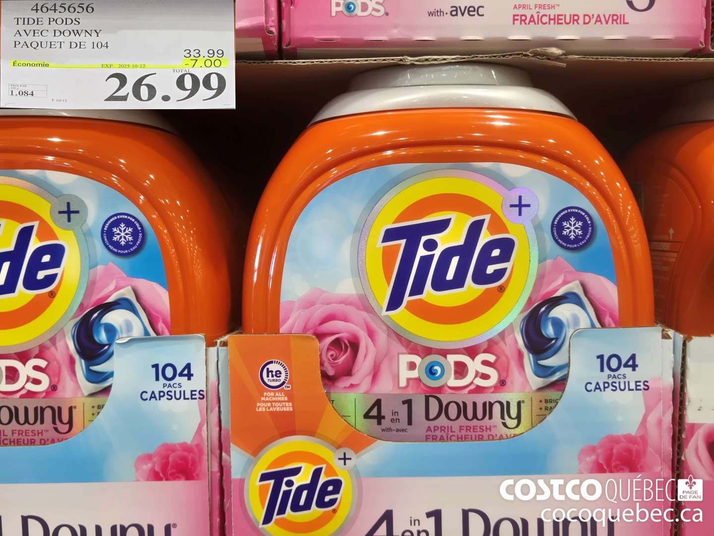 4645656 TIDE PODS AVEC DOWNY PAQUET DE 104  ($7.00 INSTANT SAVINGS EXPIRES ON 2025-10-12) $26.99
