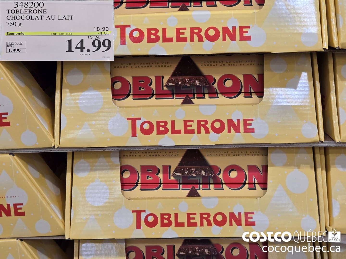 348200 TOBLERONE CHOCOLAT AU LAIT 750 g  ($4.00 INSTANT SAVINGS EXPIRES ON 2025-09-28) $14.99