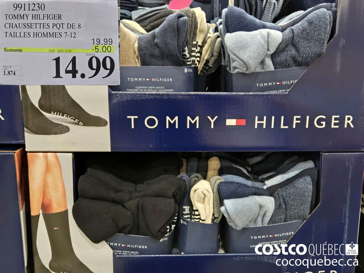 9911230 TOMMY HiLFIGER CHAUSSETTES PQT DE 8 TAILLES HOMMES 7-12  ($5.00 INSTANT SAVINGS EXPIRES ON 2025-10-05) $14.99