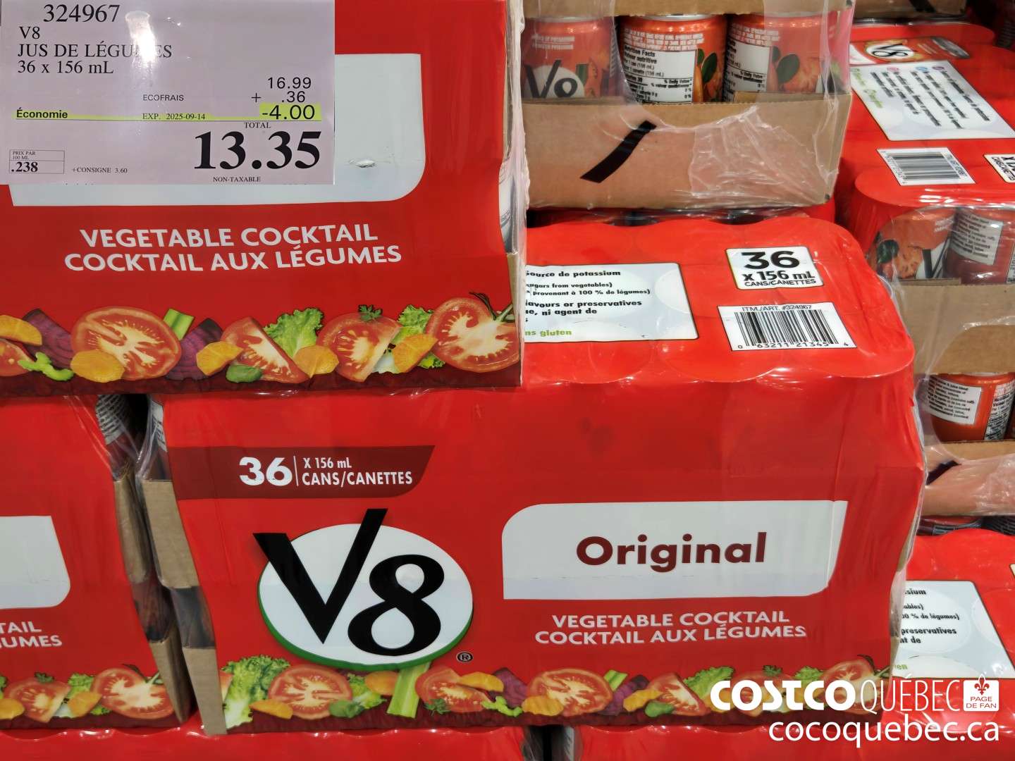 324967 V8 JUS DE LEGUMES 36 x 156 mL ($4.00 INSTANT SAVINGS EXPIRES ON 2025-09-14) $13.35