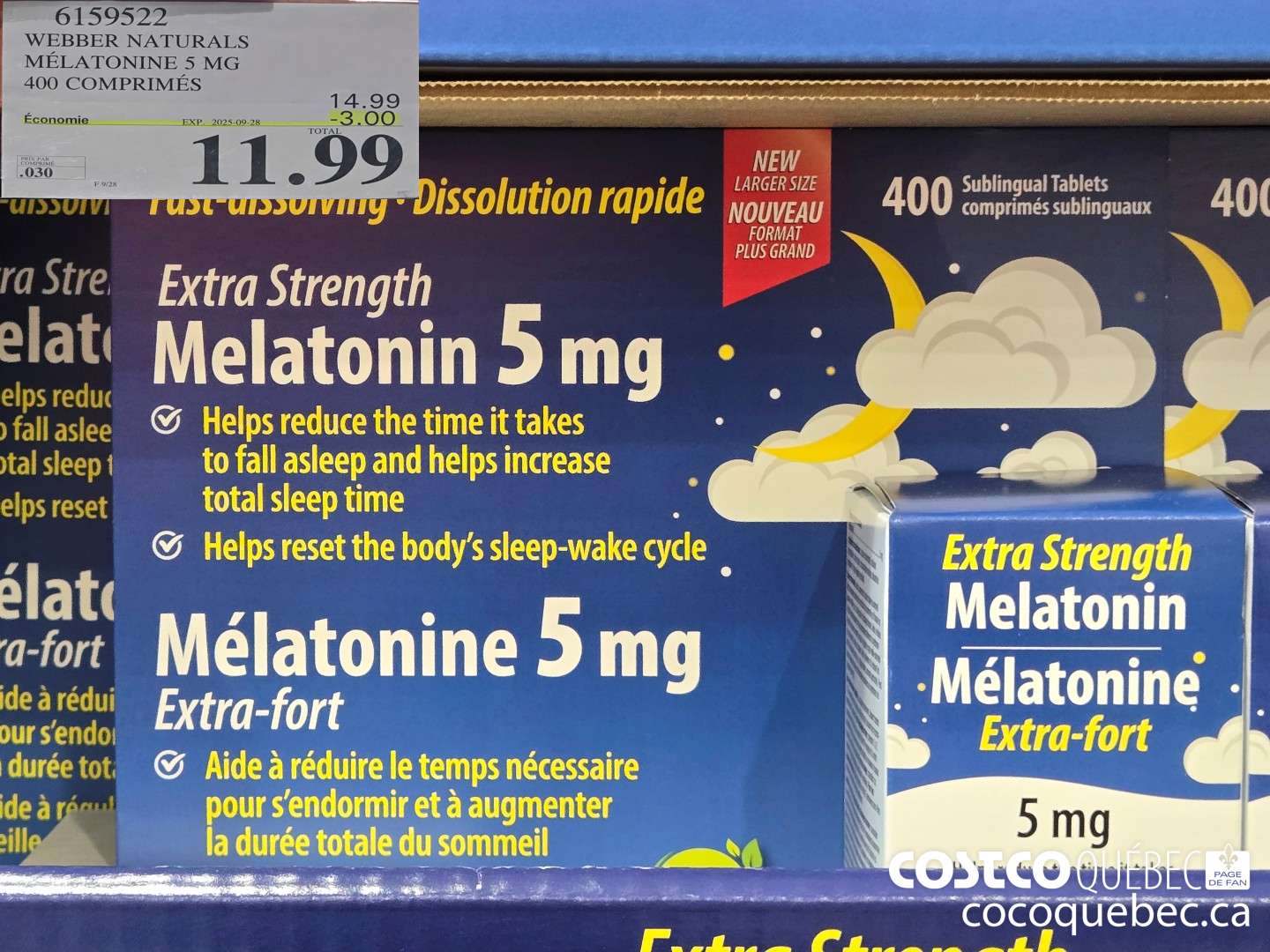 6159522 WEBBER NATURALS MELATONINE 5 MG 400 COMPRIMES  ($3.00 INSTANT SAVINGS EXPIRES ON 2025-09-28) $11.99