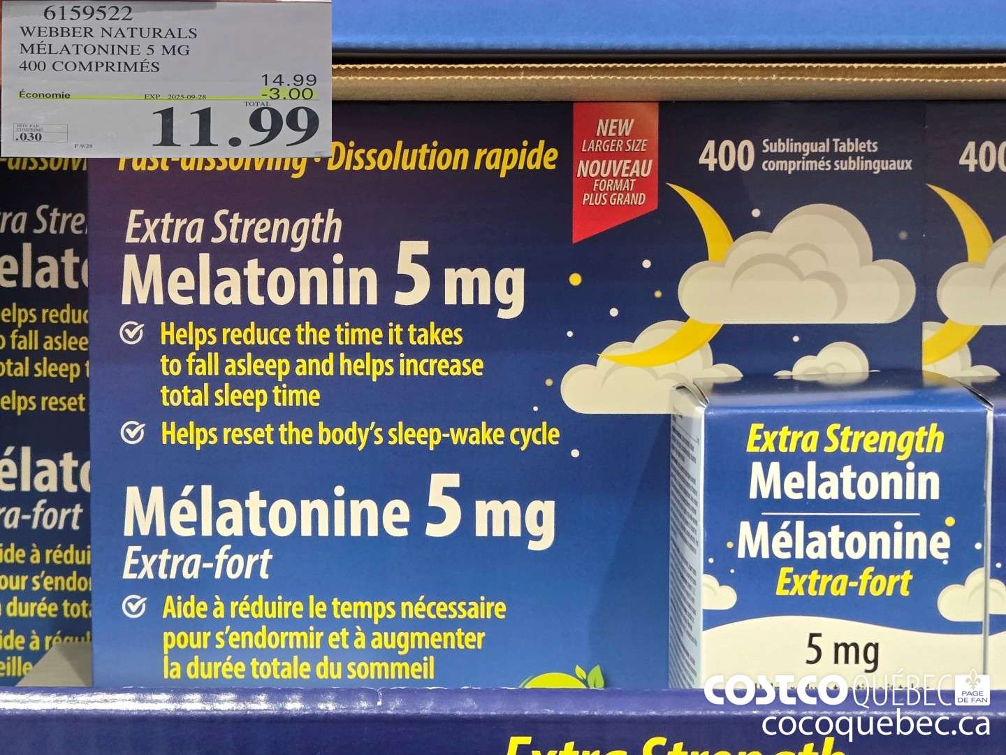 6159522 WEBBER NATURALS MELATONINE 5 MG 400 COMPRIMES  ($3.00 INSTANT SAVINGS EXPIRES ON 2025-09-28) $11.99