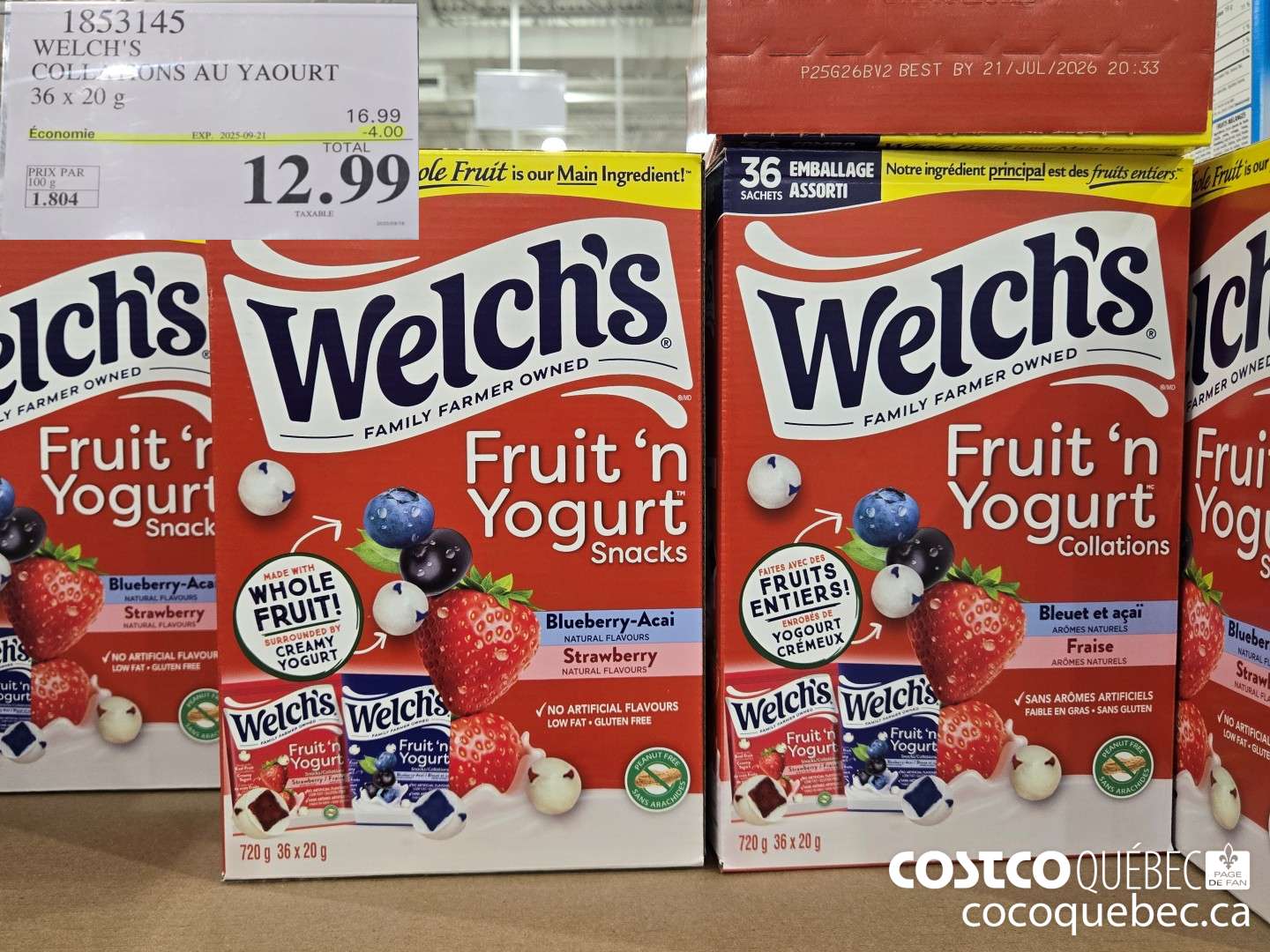 1853145 WELCH'S COLLATIONS AU YAOURT 36 x 20 g ms. re J J TAXABLE  ($4.00 INSTANT SAVINGS EXPIRES ON 2025-09-21) $12.99