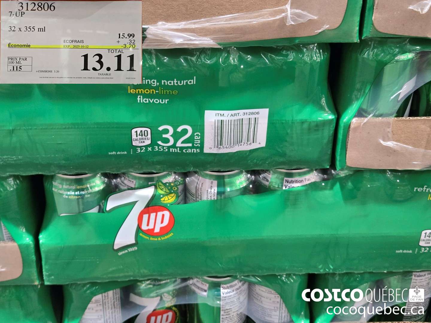 312806 7-UP 32 x 355 ml ($3.10 INSTANT SAVINGS EXPIRES ON 2025-10-12) $13.11