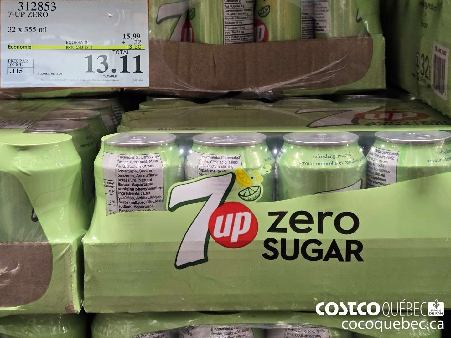 312853 7-UP ZERO 32 x 355 ml  ($3.20 INSTANT SAVINGS EXPIRES ON 2025-10-12) $13.11