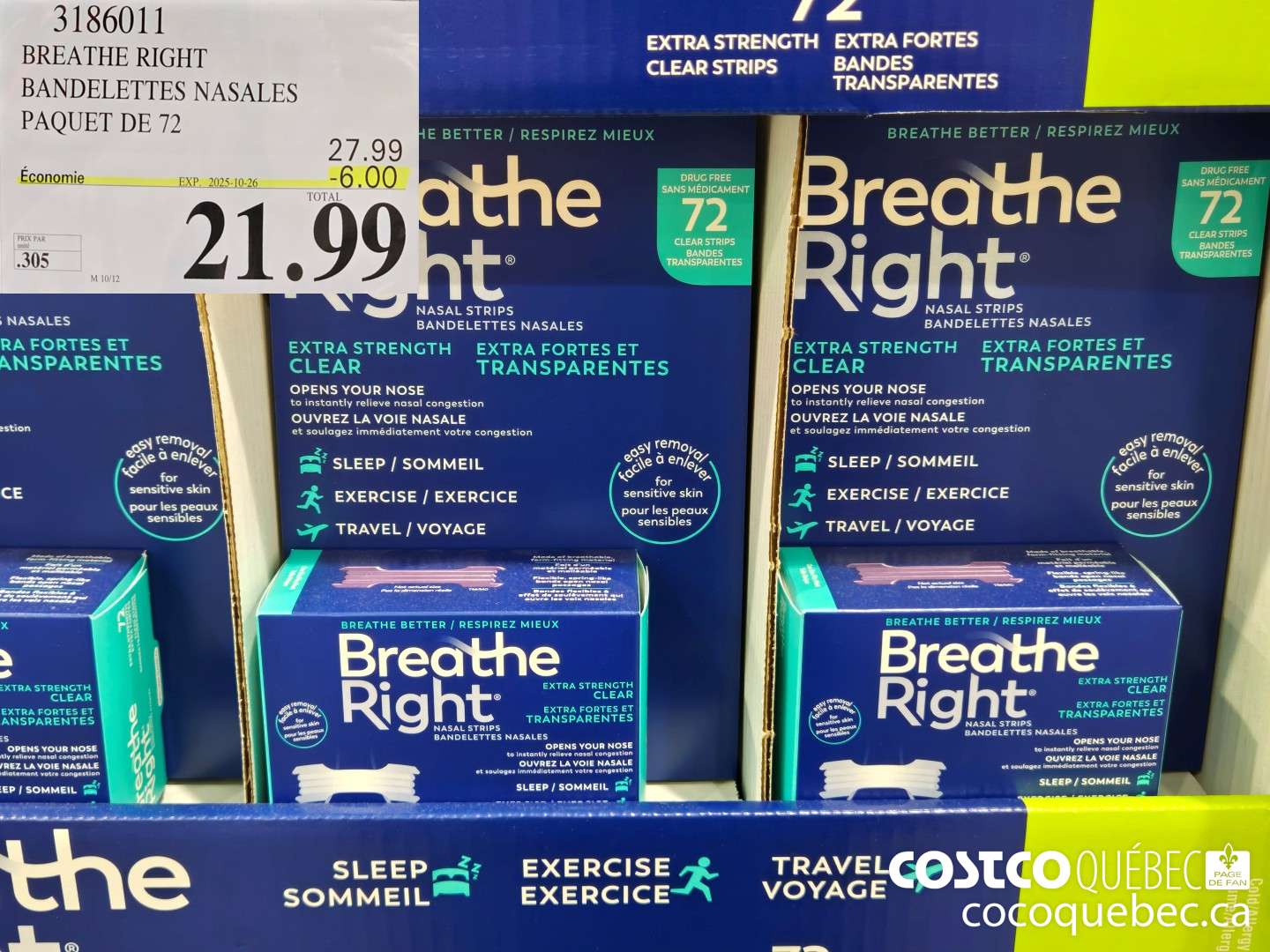 3186011 BREATHE RIGHT BANDELETTES NASALES PAQUET DE 72  ($6.00 INSTANT SAVINGS EXPIRES ON 2025-10-26) $21.99