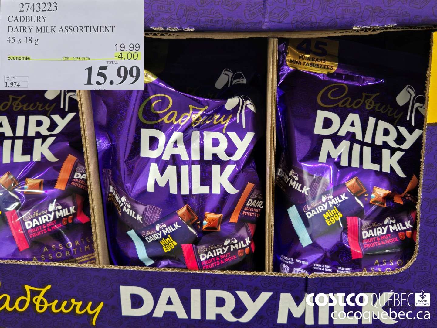 2743223 CADBURY DAIRY MILK ASSORTIMENT 45 x 18g  ($4.00 INSTANT SAVINGS EXPIRES ON 2025-10-26) $15.99