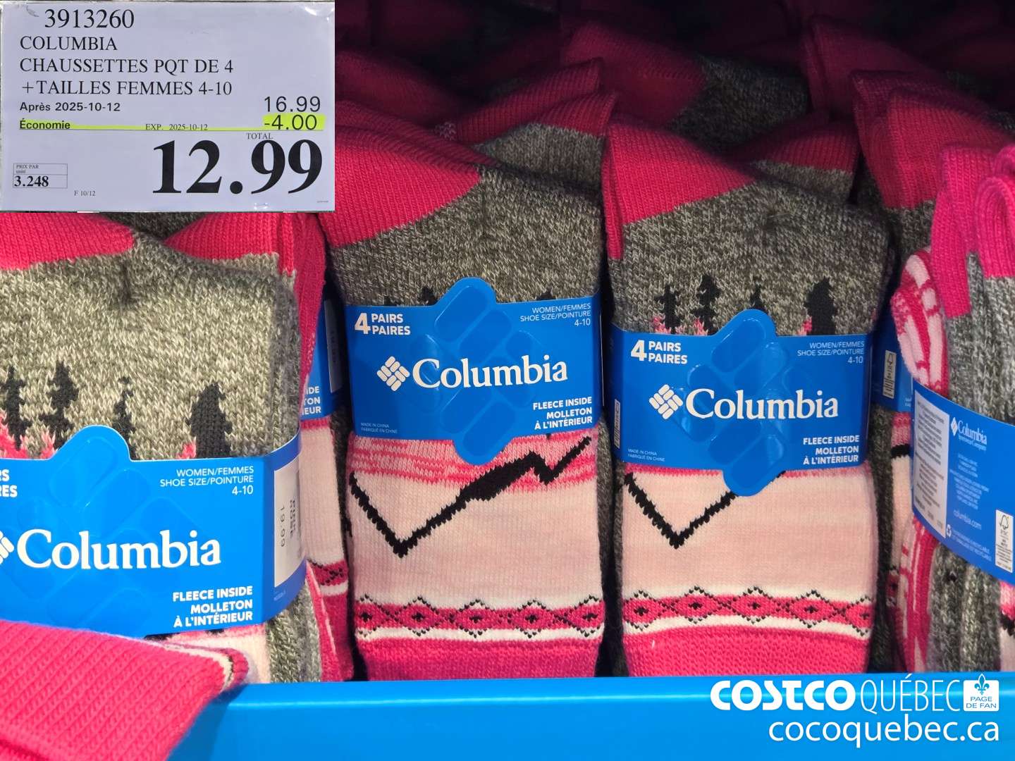 3913260 COLUMBIA CHAUSSETTES PQT DE 4  ($4.00 INSTANT SAVINGS EXPIRES ON 2025-10-12) $12.99