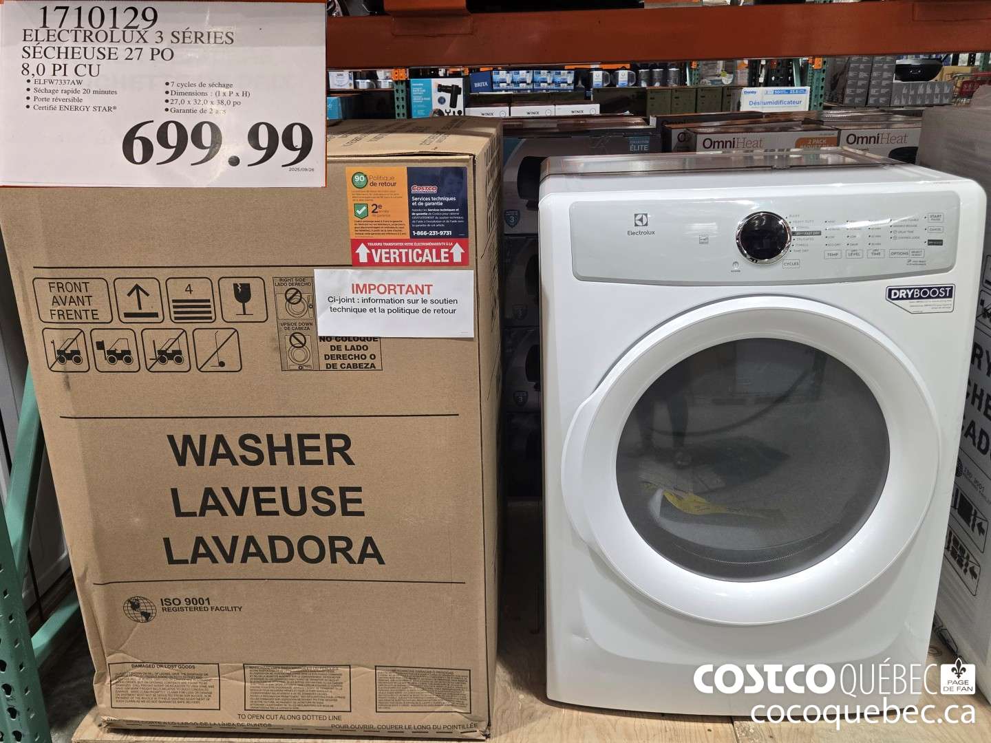 1710129 ELECTROLUX 3 SERIES DRYER 27 IN 8.0 PICU $699.99