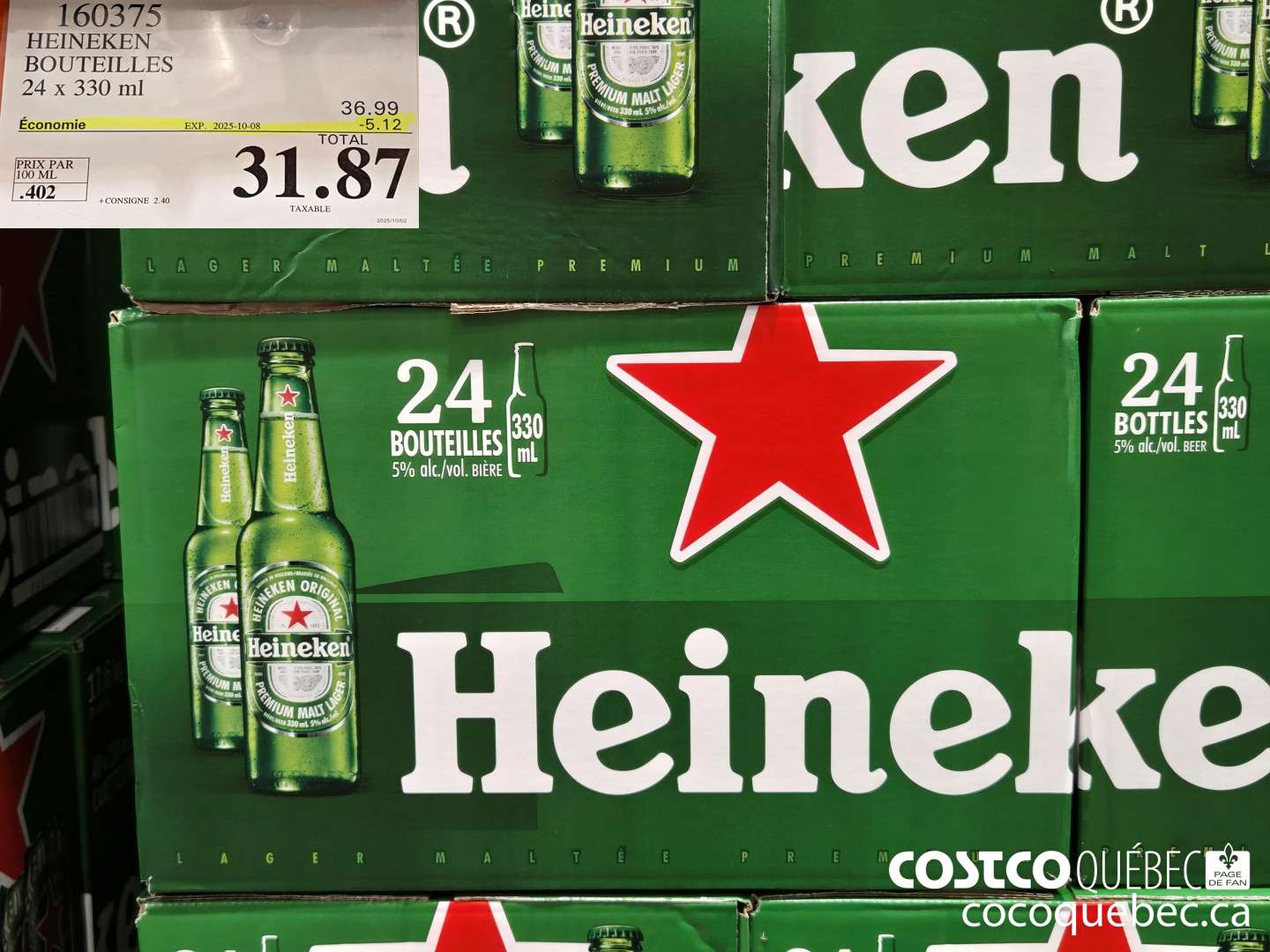 160375 HEINEKEN BOUTEILLES 24 x 330 ml  ($5.12 INSTANT SAVINGS EXPIRES ON 2025-10-08) $31.87