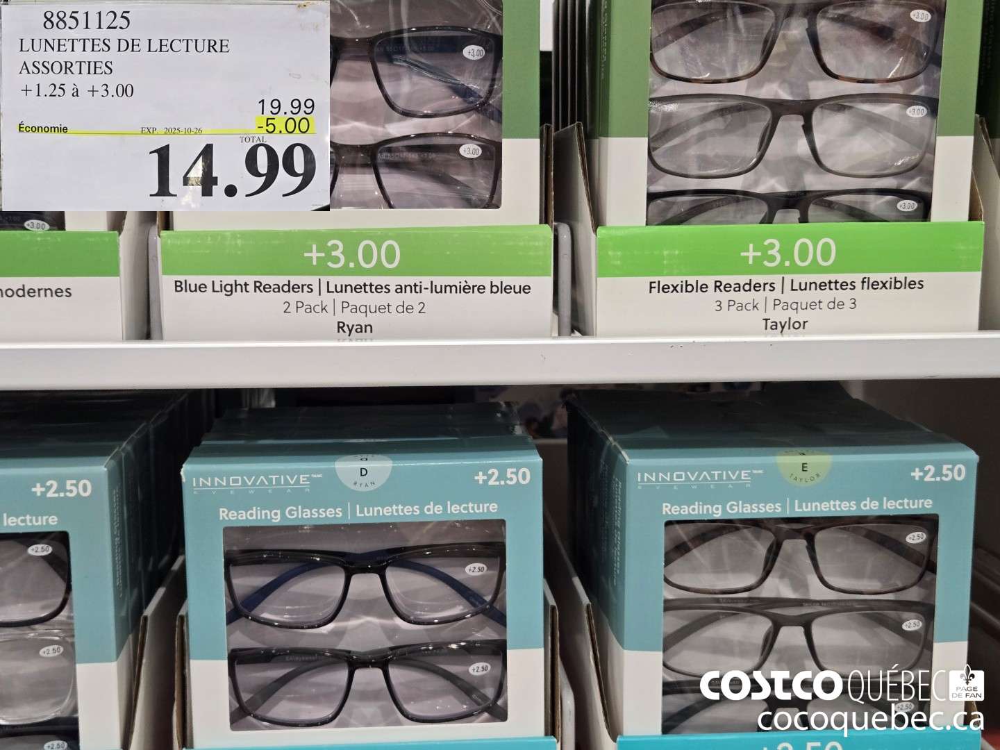 8851125 LUNETTES DE LECTURE ASSORTIS  ($5.00 INSTANT SAVINGS EXPIRES ON 2025-10-26) $14.99