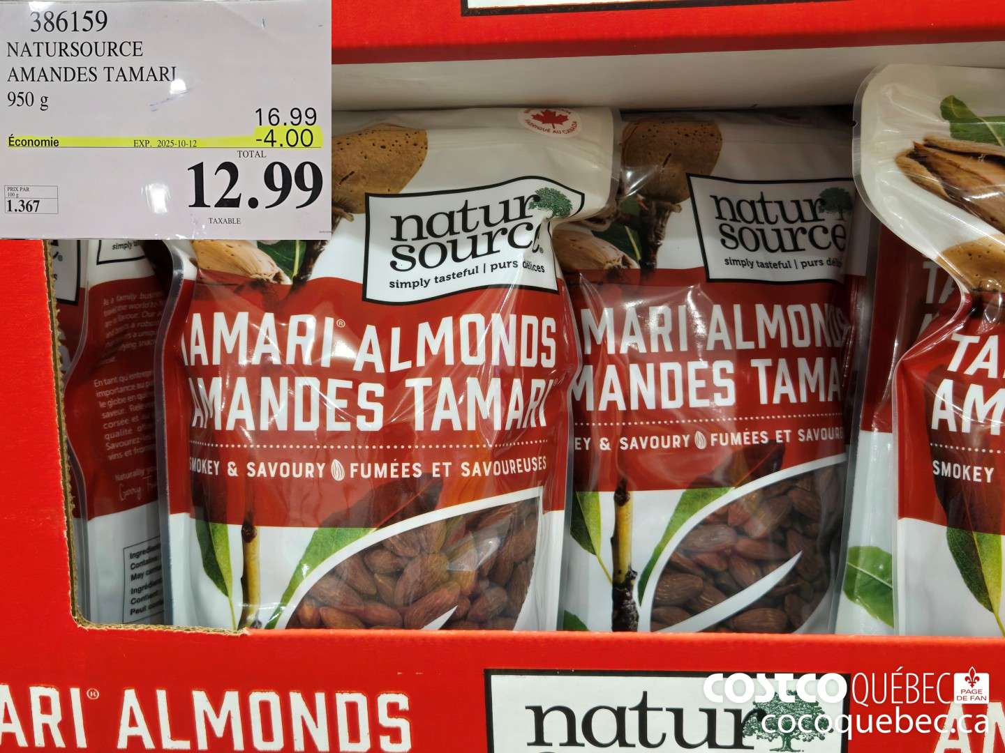386159 NATURSOURCE AMANDES TAMARI 950 g ($4.00 INSTANT SAVINGS EXPIRES ON 2025-10-12) $12.99