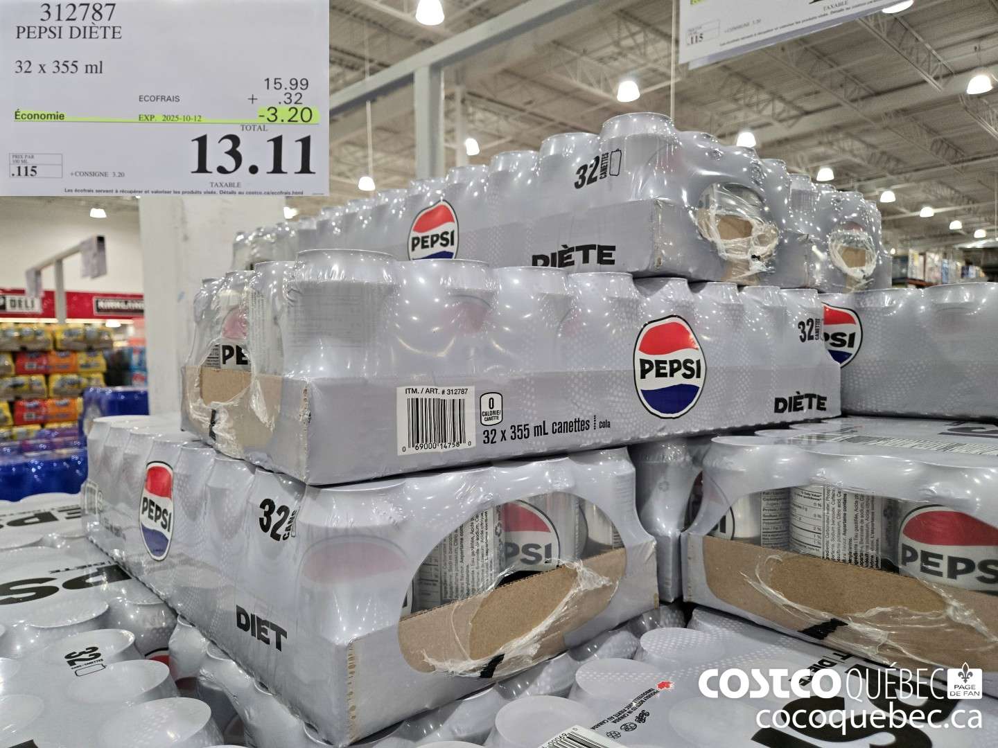 312787 PEPSI DIETE 32 x 355 ml  ($3.20 INSTANT SAVINGS EXPIRES ON 2025-10-12) $13.11