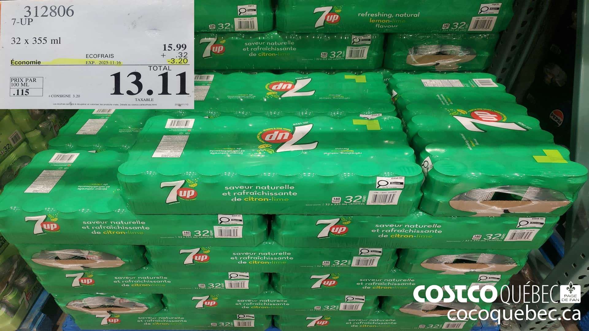 312806 7-UP 32 x 355 ml ($3.20 INSTANT SAVINGS EXPIRES ON 2025-11-16) $13.11