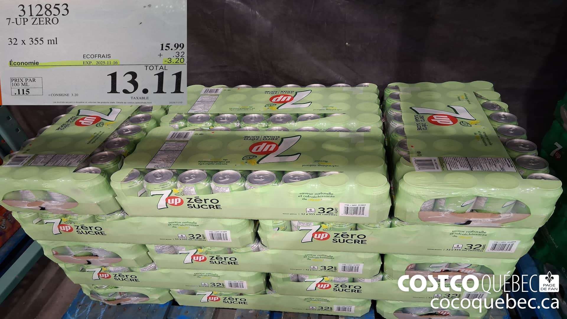 312853 7-UP ZERO 32 x 355 ml  ($3.20 INSTANT SAVINGS EXPIRES ON 2025-11-16) $13.11