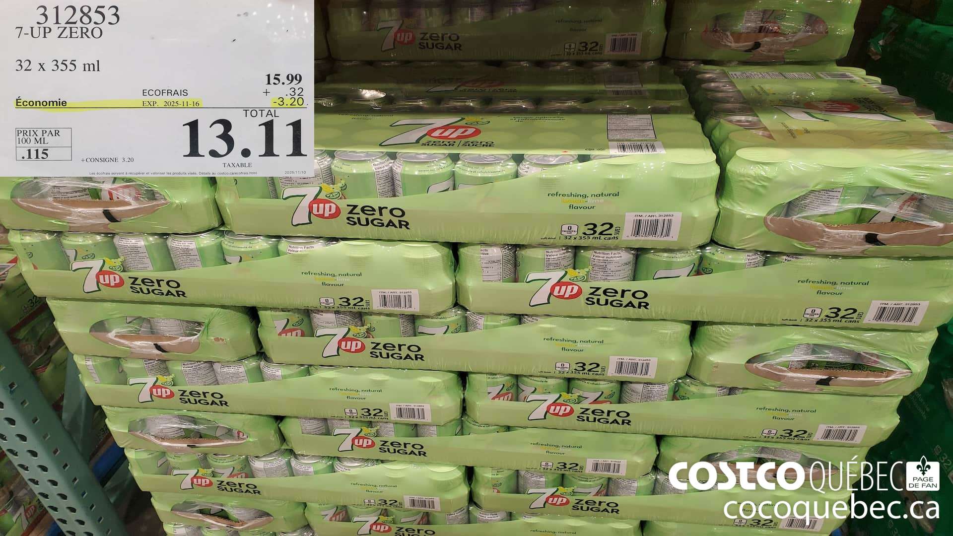 312853 7-UP ZERO 32 x 355 ml  ($3.20 INSTANT SAVINGS EXPIRES ON 2025-11-16) $13.11