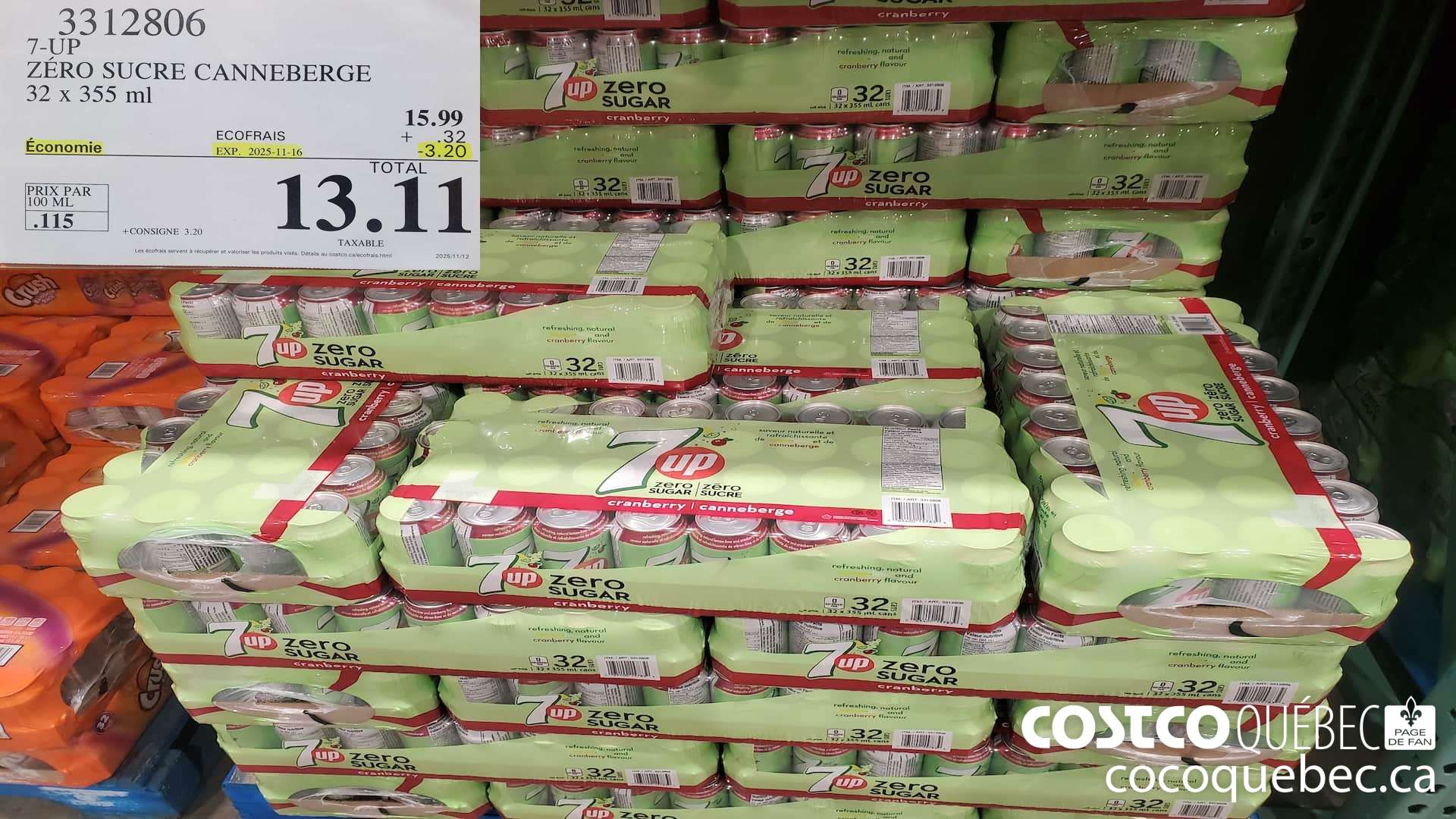3312806 7-UP ZERO SUCRE CANNEBERGE 32 x 355 ml 2025-11--16 ($3.20 INSTANT SAVINGS) $13.11