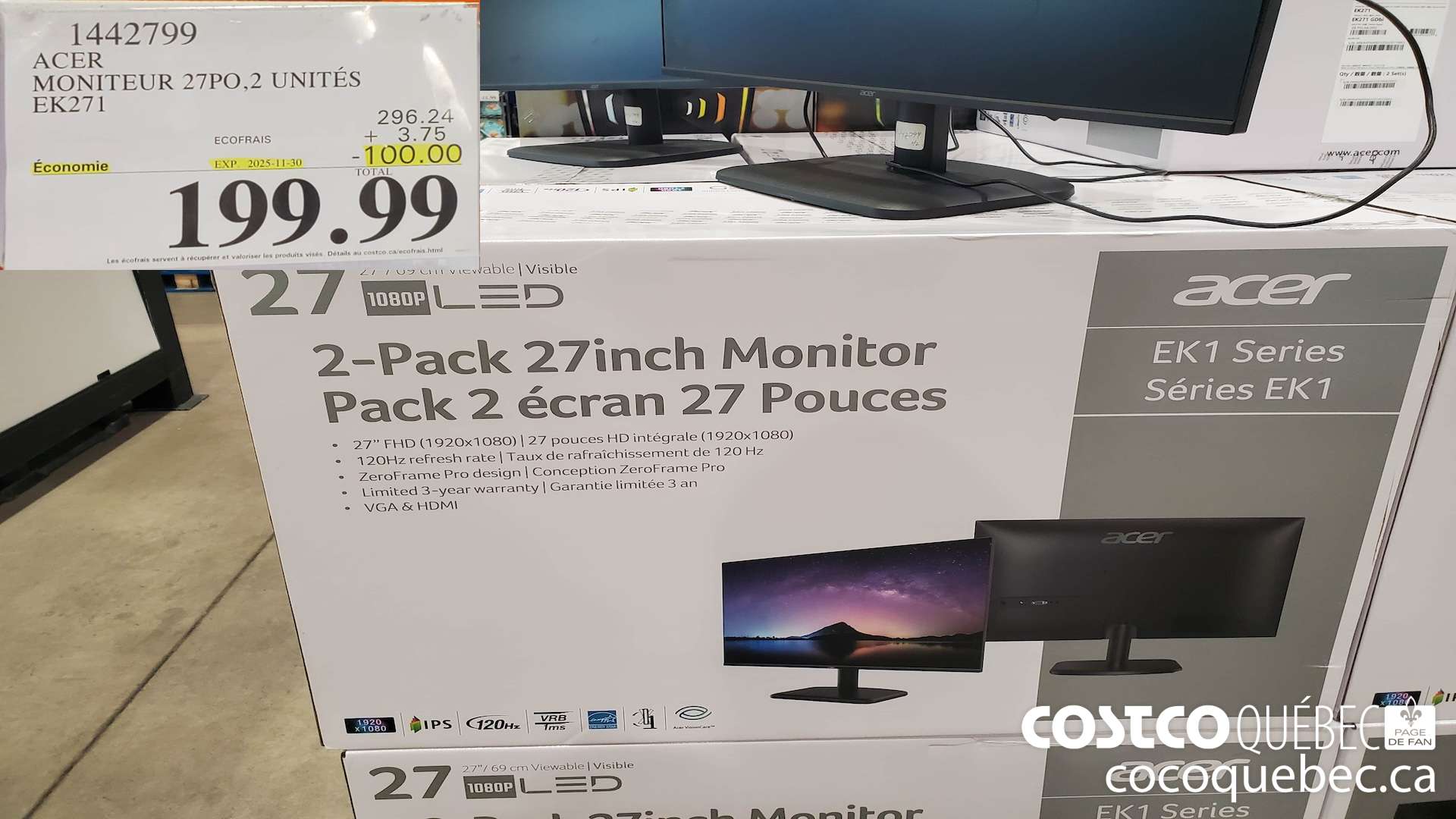 1442799 ACER MONITEUR 27PO0O 2 UNITES BKOWA  ($100.00 INSTANT SAVINGS EXPIRES ON 2025-11-30) $199.99