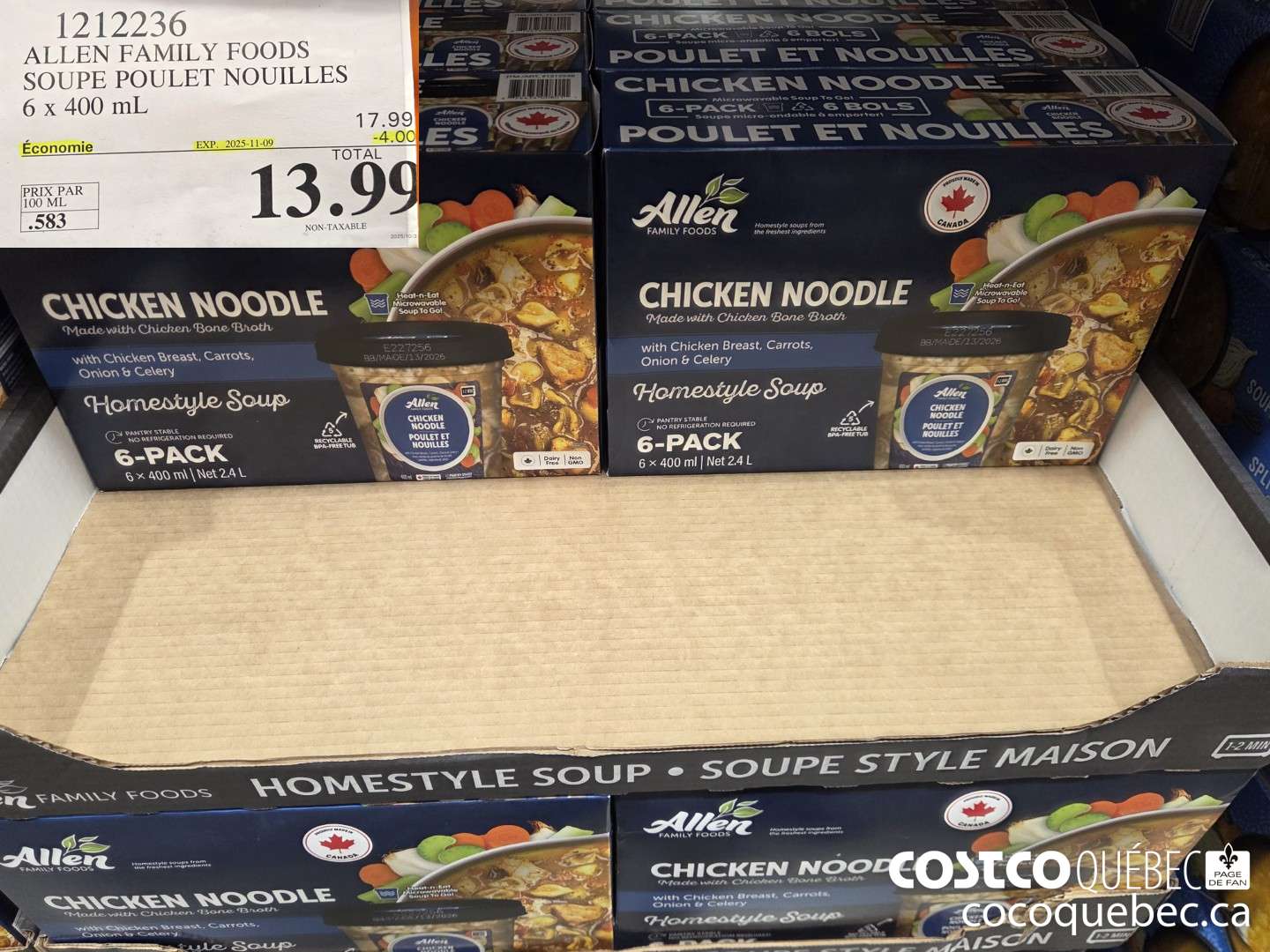 1212236 ALLEN FAMILY FOODS SOUPE POULET NOUILLES 6 x 400 mL  ($4.00 INSTANT SAVINGS EXPIRES ON 2025-11-09) $13.99