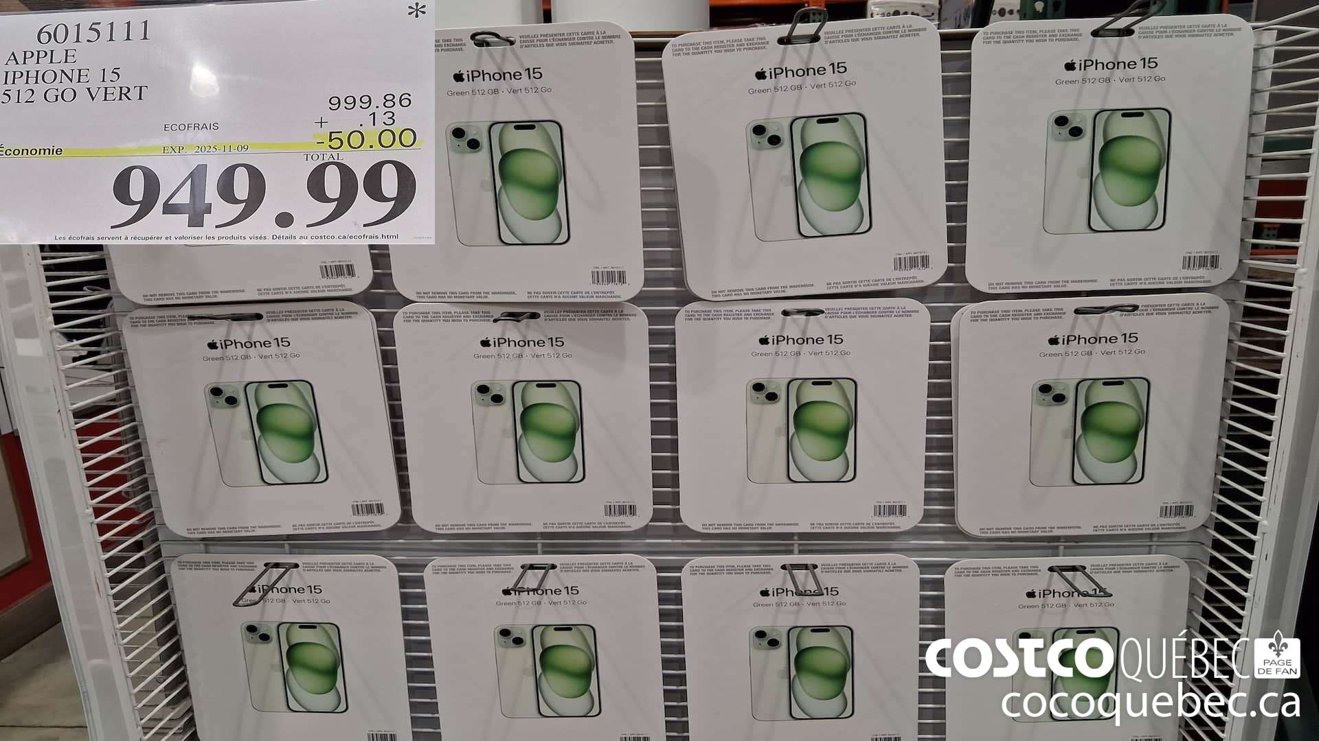 6015111 APPLE IPHONE 15 512 GO VERT ($50.00 INSTANT SAVINGS EXPIRES ON 2025-11-09) $949.99