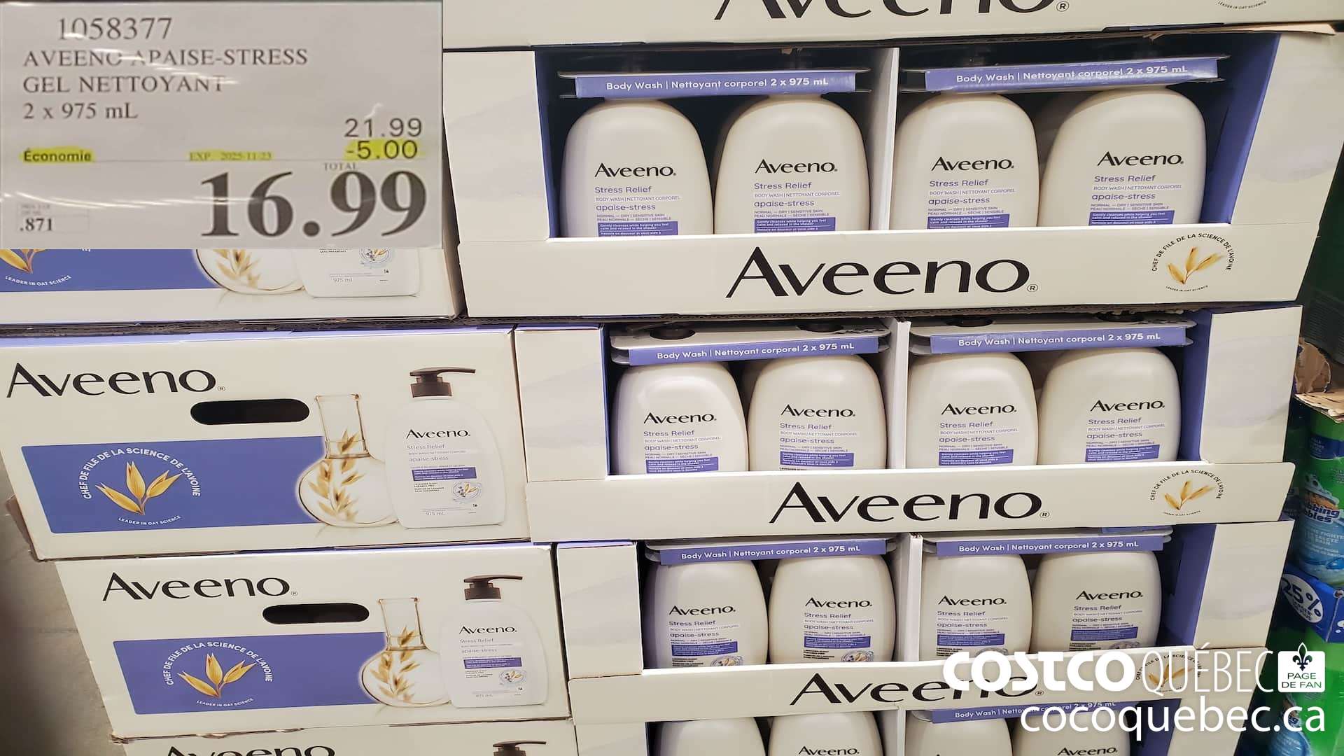 1058377 AVEENO GEL NETTOYANT APAISE-STRESS 2 x 975 mL ($5.00 INSTANT SAVINGS EXPIRES ON 2025-11-23) $16.99