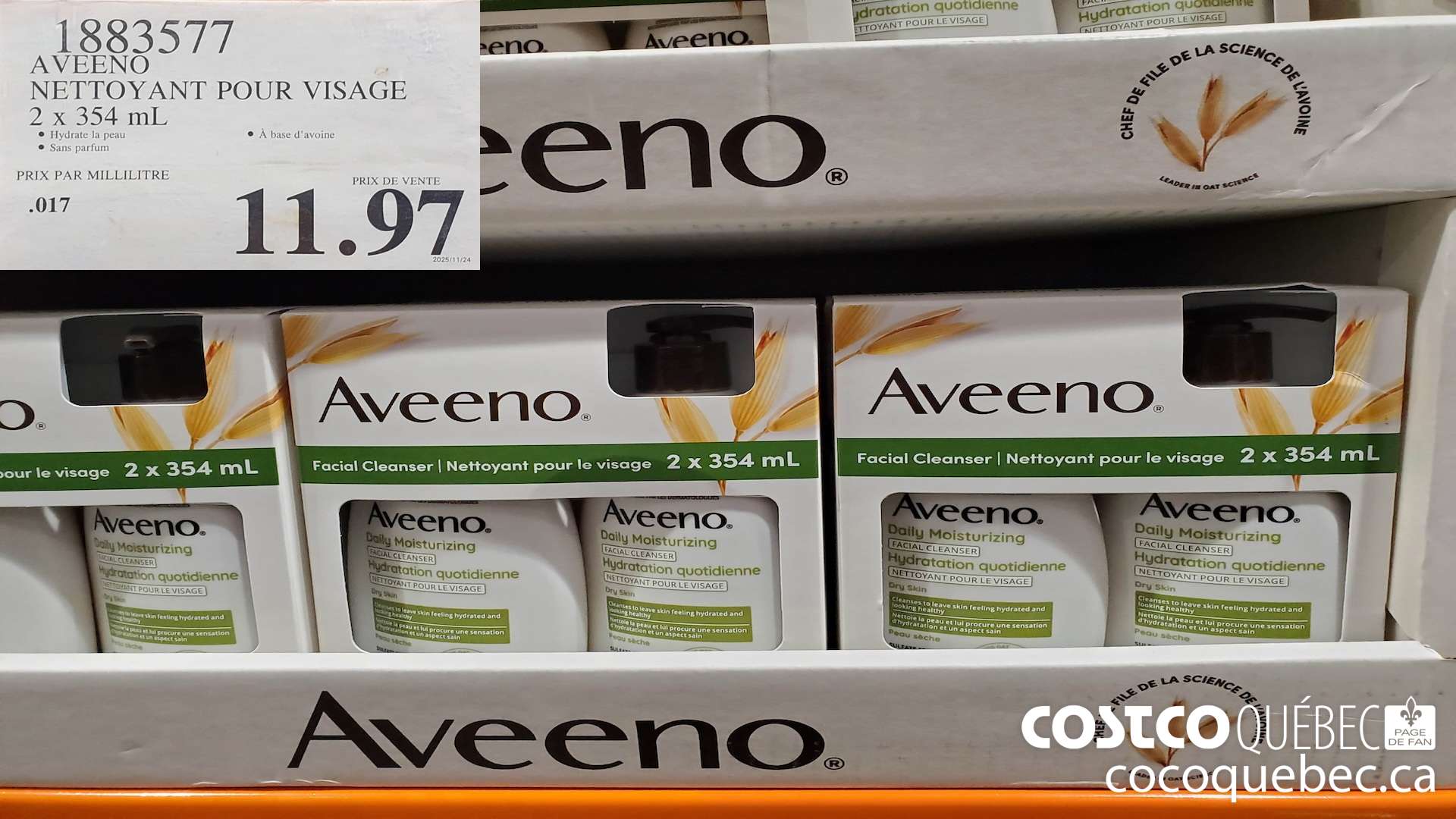 1883577 AVEENO NETTOYANT POUR VISAGE 2 x 354 mL $11.97