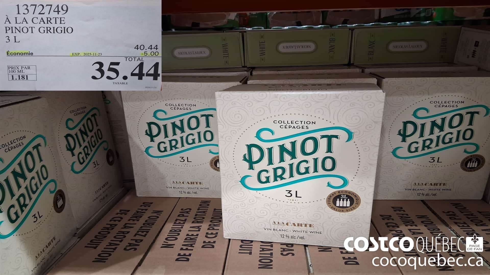 1372749 A LA CARTE PINOT GRIGIO, ITALIE 3 L  ($5.00 INSTANT SAVINGS EXPIRES ON 2025-11-23) $35.44