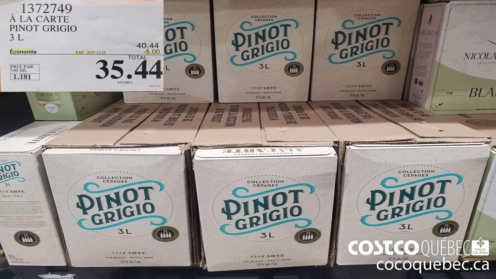 1372749 A LA CARTE PINOT GRIGIO, ITALIE 3 L  ($5.00 INSTANT SAVINGS EXPIRES ON 2025-11-23) $35.44