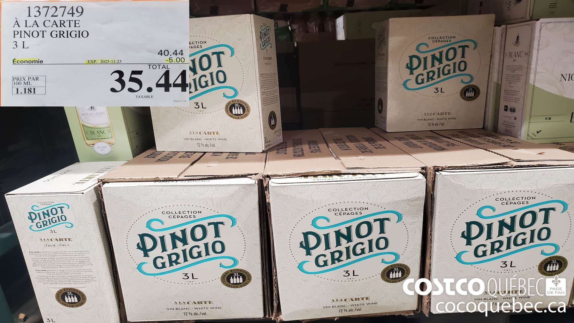 1372749 A LA CARTE PINOT GRIGIO, ITALIE 3 L  ($5.00 INSTANT SAVINGS EXPIRES ON 2025-11-23) $35.44