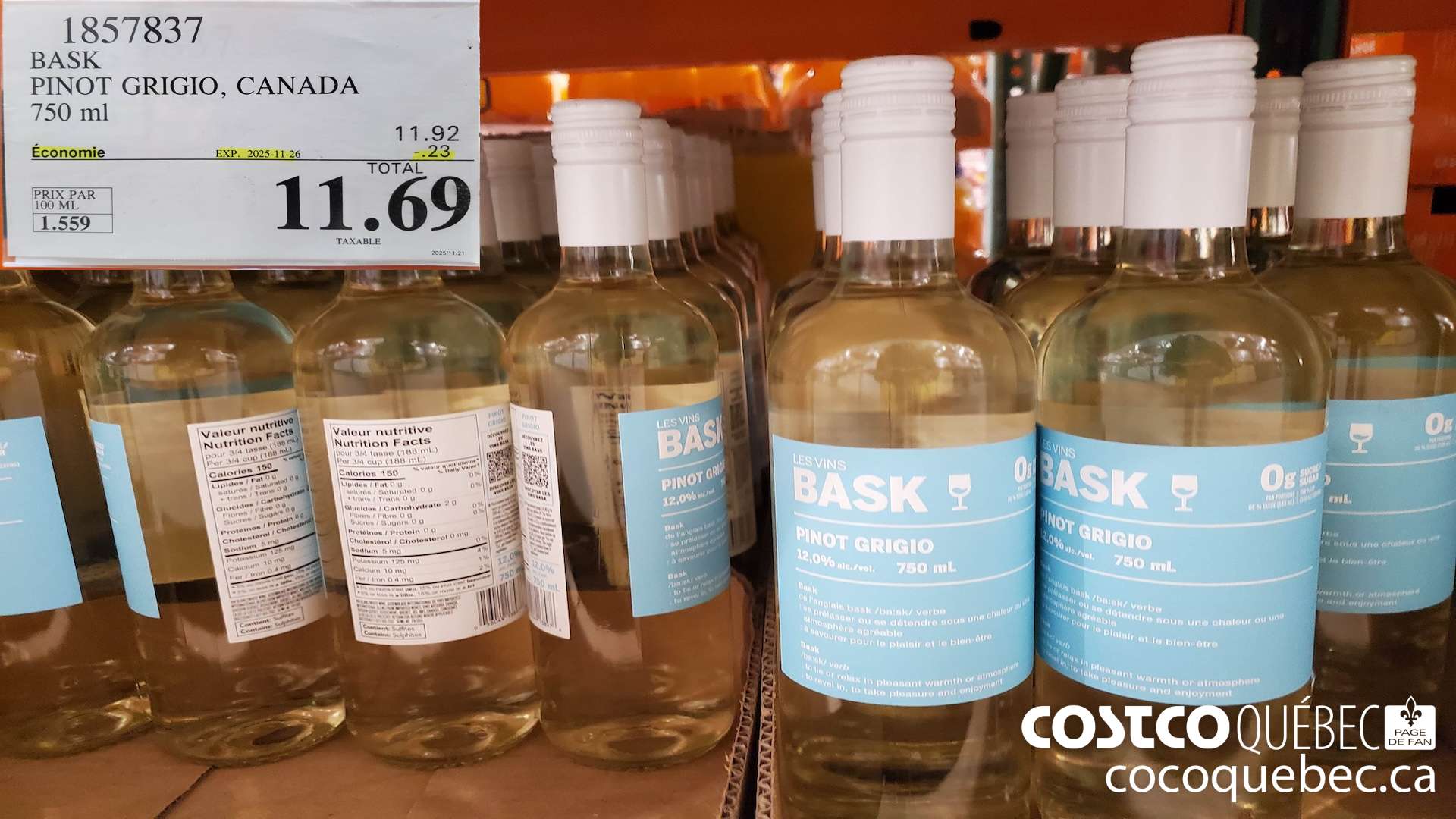 1857837 BASK PINOT GRIGIO, CANADA 750 mL  ($0.23 INSTANT SAVINGS EXPIRES ON 2025-11-26) $11.69