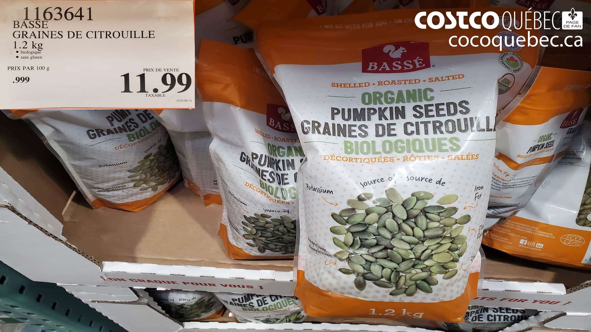 1163641 BASSE GRAINES DE CITROUILLE 1.2 KG ® biologique ® sans gluten $11.99