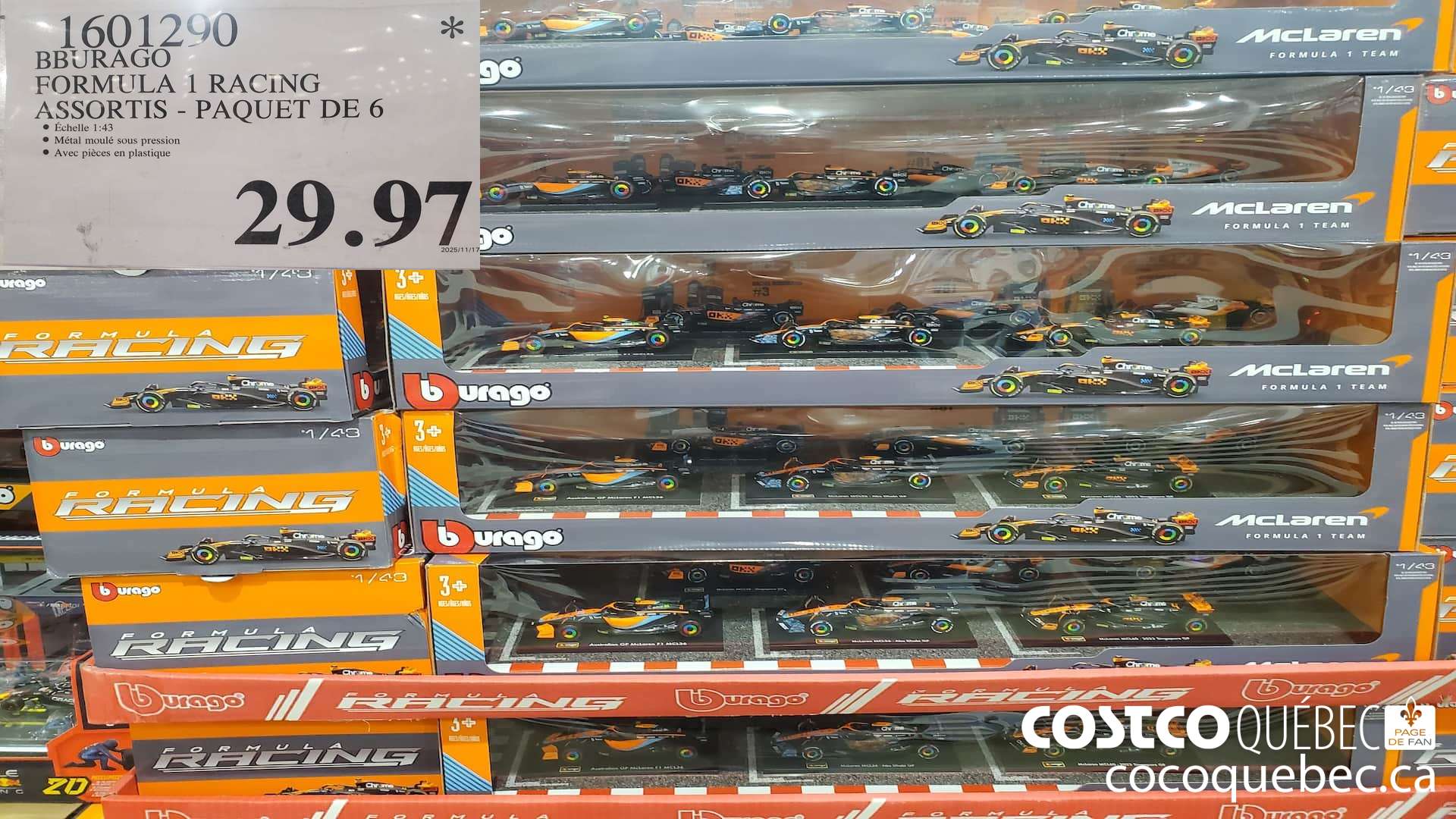 1601290 BBURAGO FORMULA 1 RACING ASSORTIS PAQUET DE 6  $29.97