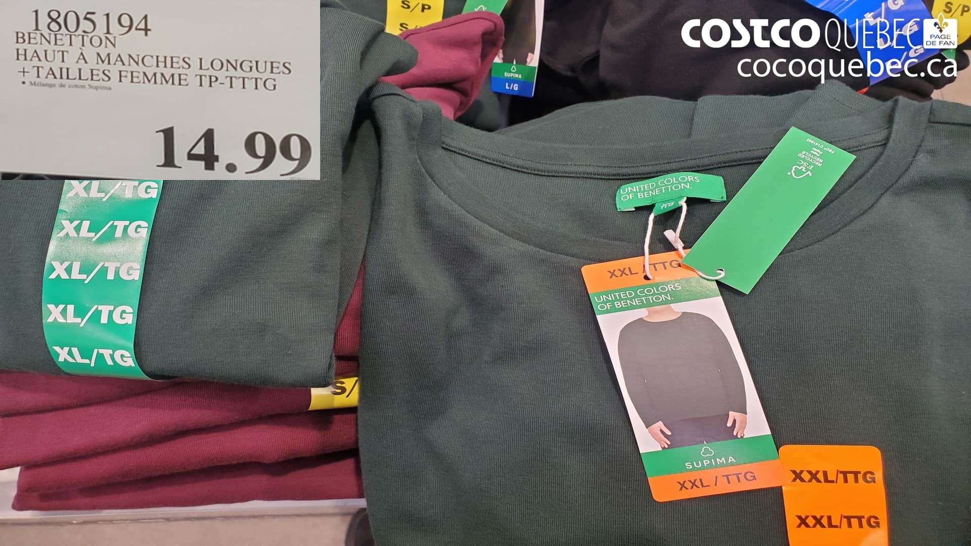 1805194 BENETTON HAUT A MANCHES LONGUES TAILLES FEMME TP-TTTG $14.99