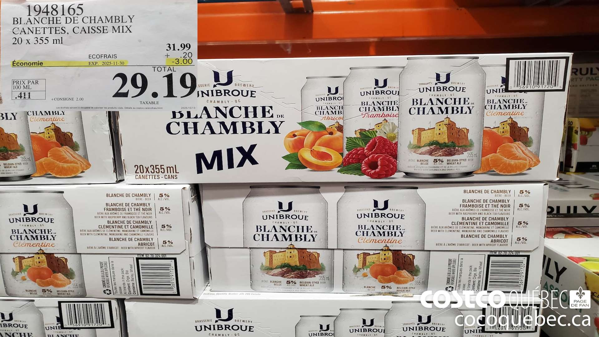 1948165 BLANCHE DE CHAMBLY CANETTES, CAISSE MIX 20 X 355ML ($3.00 INSTANT SAVINGS EXPIRES ON 2025-11-30) $29.19