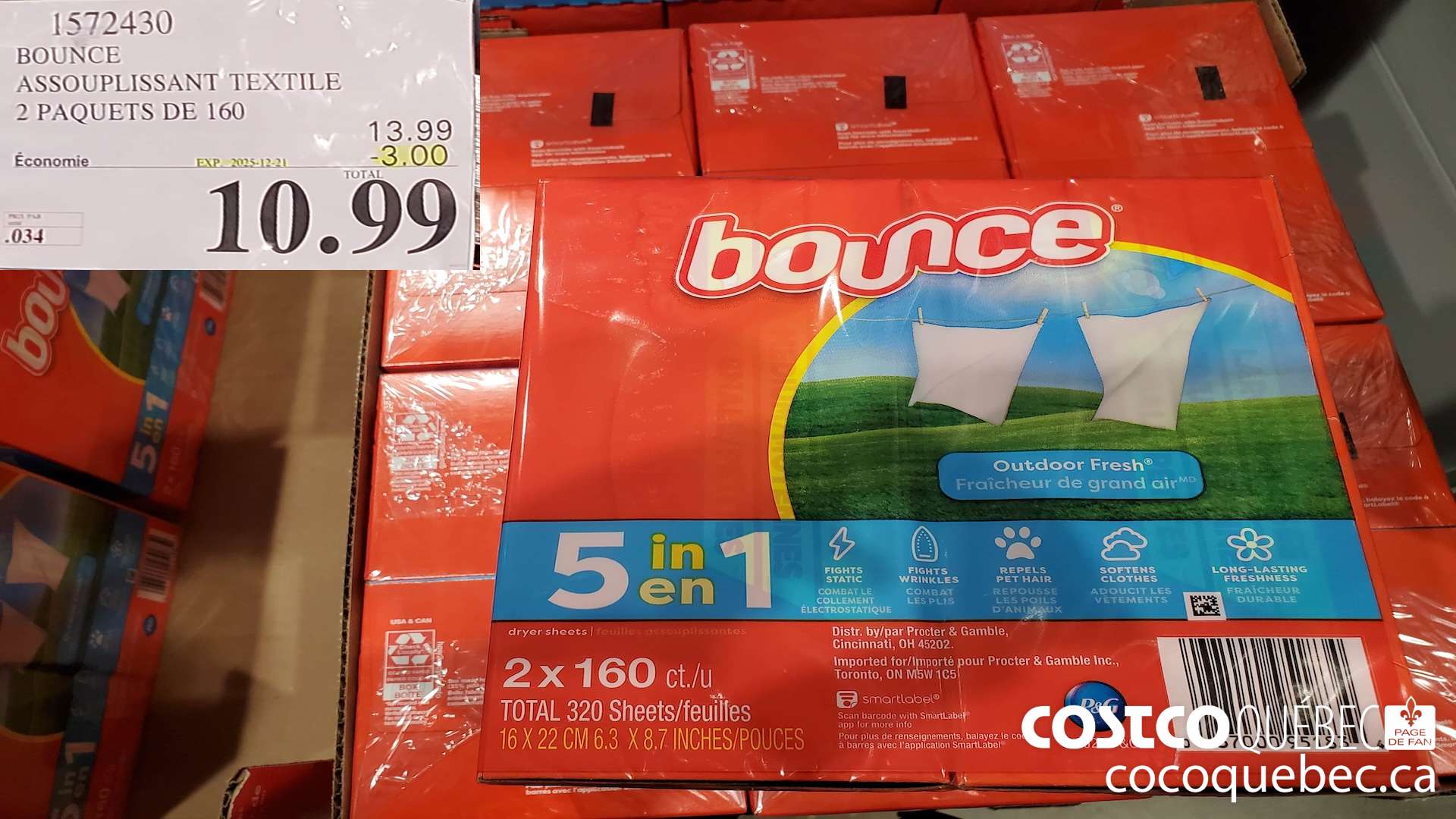 1572430 BOUNCE ASSOUPLISSANT TEXTILE 2 PAQUET DE 160 ($3.00 INSTANT SAVINGS EXPIRES ON 2025-12-21) $10.99
