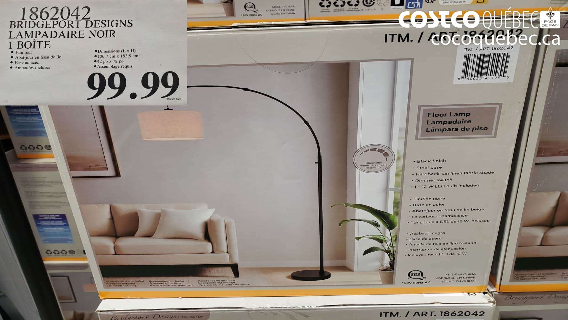 1862042 BRIDGEPORT DESIGNS LAMPADAIRE NOIR 1 BOITE $99.99