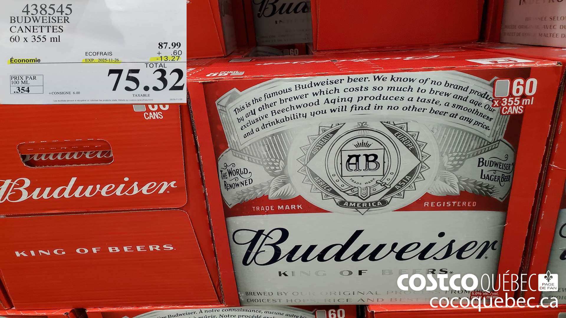 438545 BUDWEISER CANETTES 60 X 355 ML ($13.27 INSTANT SAVINGS EXPIRES ON 2023-11-26) $75.32