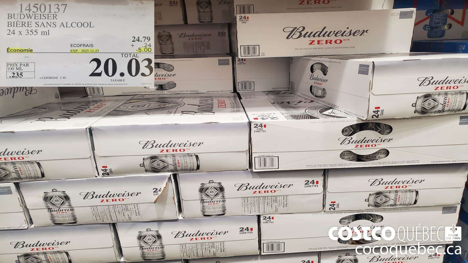 1450137 BUDWEISER ZERO CANETTES 24 x 355 mL ($5.00 INSTANT SAVINGS EXPIRES ON 2025-11-23) $20.03