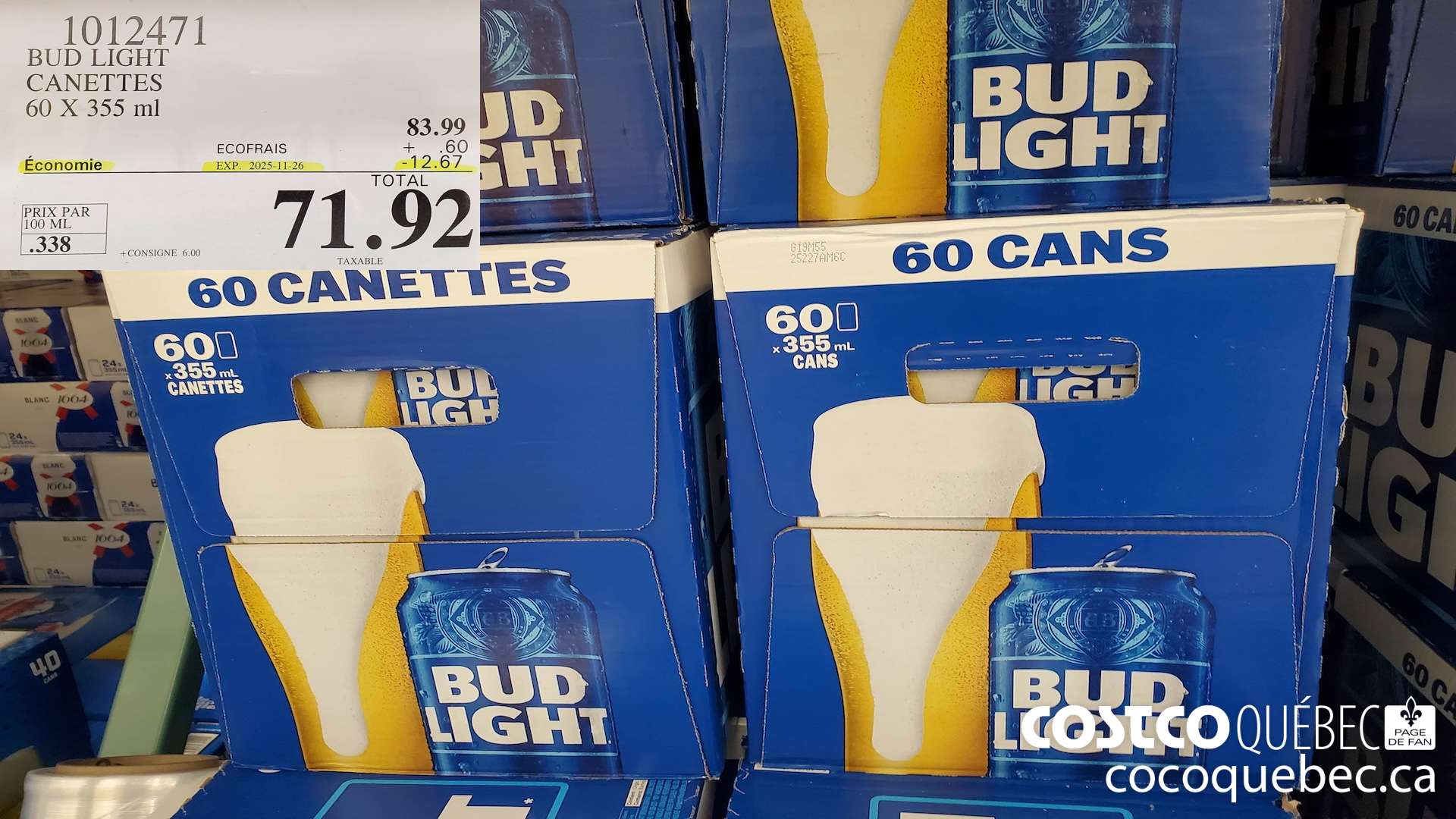 1012471 BUD LIGHT CANETTES 60 X 355 ML ($12.67 INSTANT SAVINGS EXPIRES ON 2025-11-26) $71.92