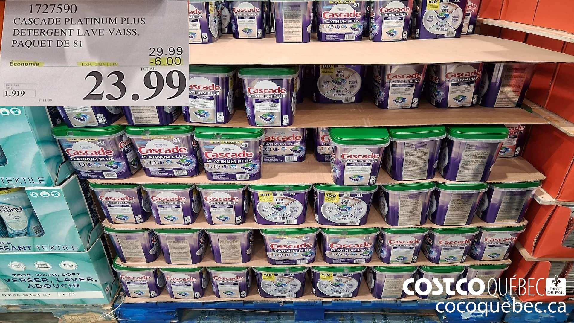 1727590 CASCADE PLATINUM PLUS DETERGENT LAVE-VAISS. PAQUET DE 81  ($6.00 INSTANT SAVINGS EXPIRES ON 2025-11-09) $23.99