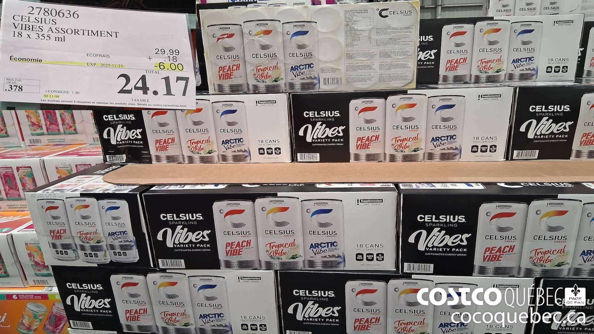 2780636 CELSIUS VIBES ASSORTIMENT 18 x 355 ml  ($6.00 INSTANT SAVINGS EXPIRES ON 2025-11-23) $24.17