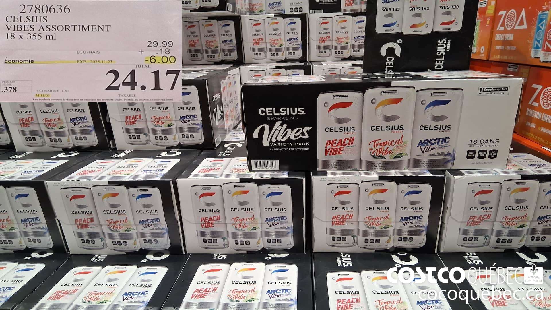 2780636 CELSIUS VIBES ASSORTIMENT 18 x 355 ml  ($6.00 INSTANT SAVINGS EXPIRES ON 2025-11-23) $24.17