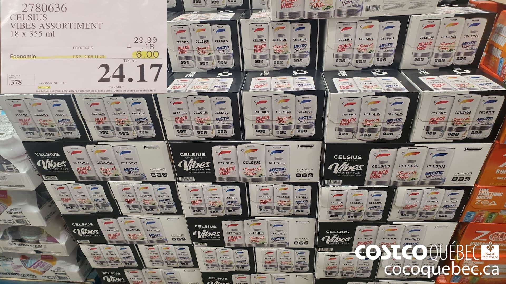 2780636 CELSIUS VIBES ASSORTIMENT 18 x 355 ml  ($6.00 INSTANT SAVINGS EXPIRES ON 2025-11-23) $24.17