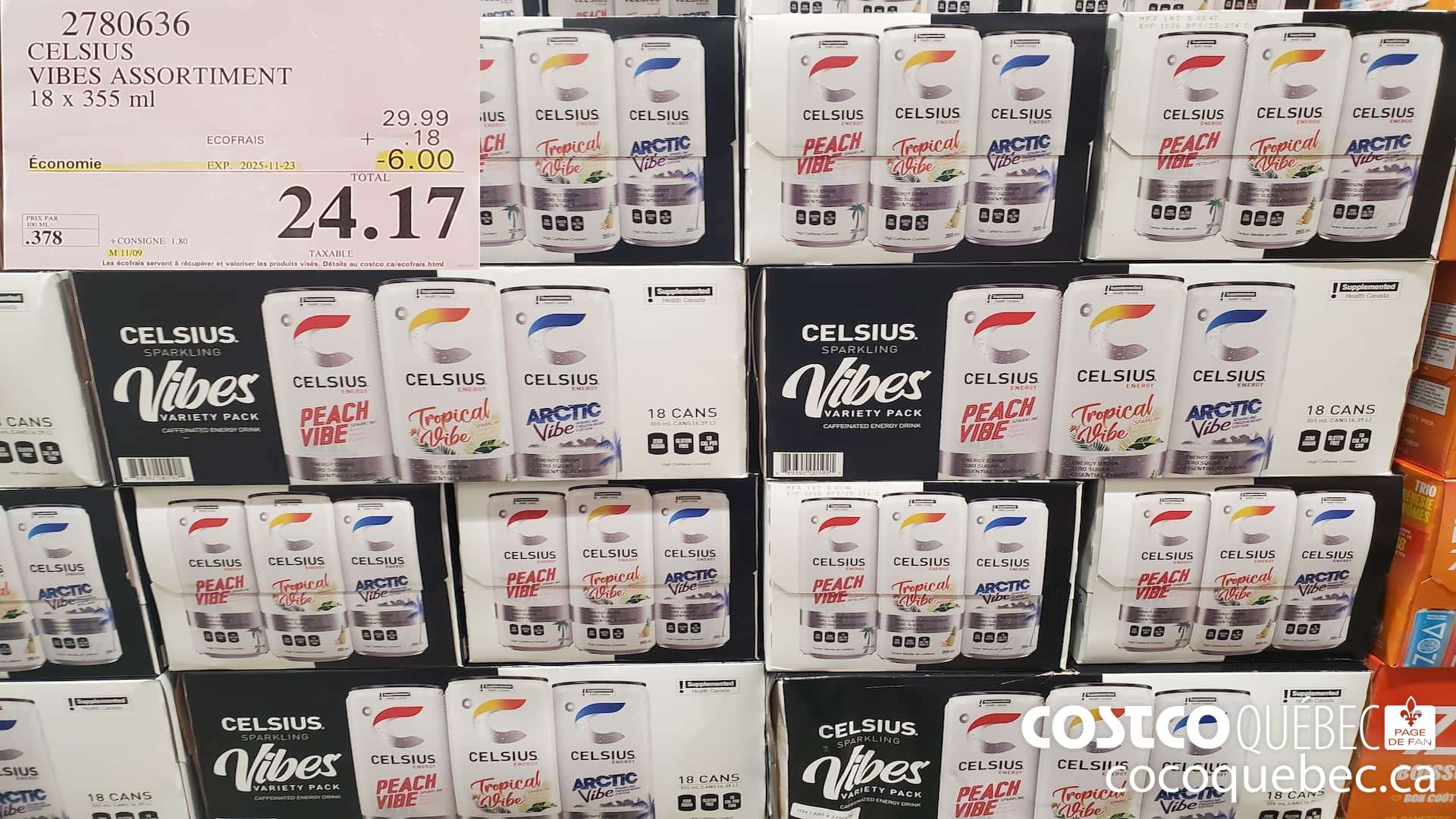 2780636 CELSIUS VIBES ASSORTIMENT 18 x 355 ml  ($6.00 INSTANT SAVINGS EXPIRES ON 2025-11-23) $24.17