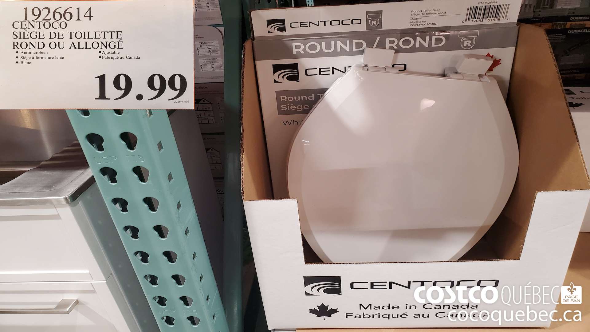 1926614 CENTOCO SIEGE DE TOILETTE ROND OU ALLONGE $19.99