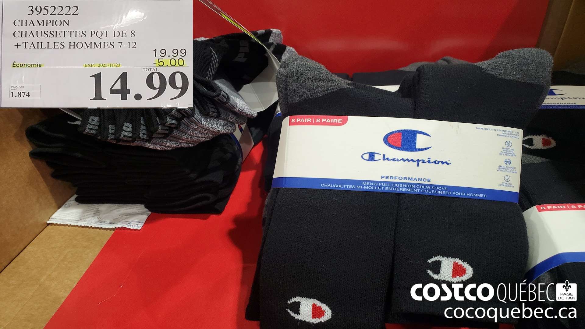 3952222 CHAMPION CHAUSETTES PQT DE 8 + TAILLES HOMMES 7-12 ($5.00 INSTANT SAVINGS EXPIRES ON 2025-11-23) $14.99